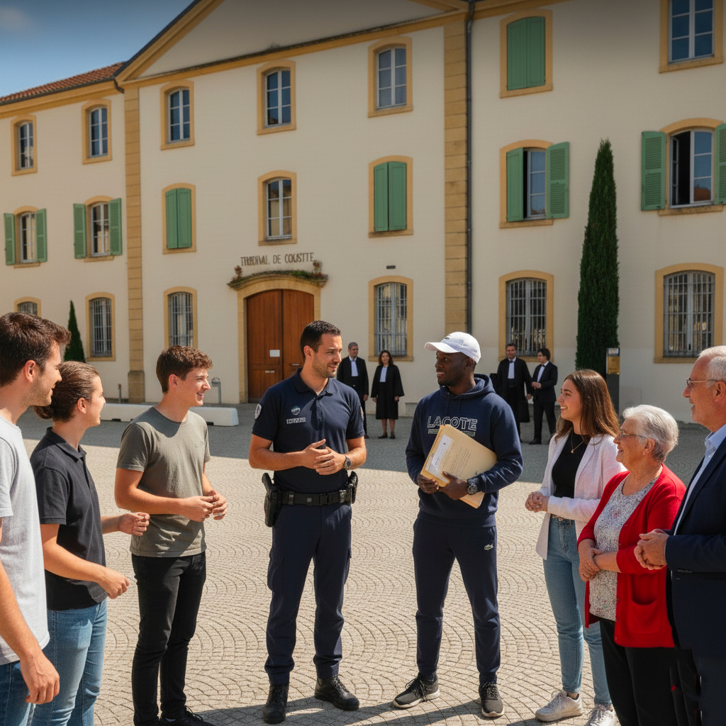 un edcuateur, un policier, des avocats, des personnes âgés et des jeunes devant le tribunal de Roanne